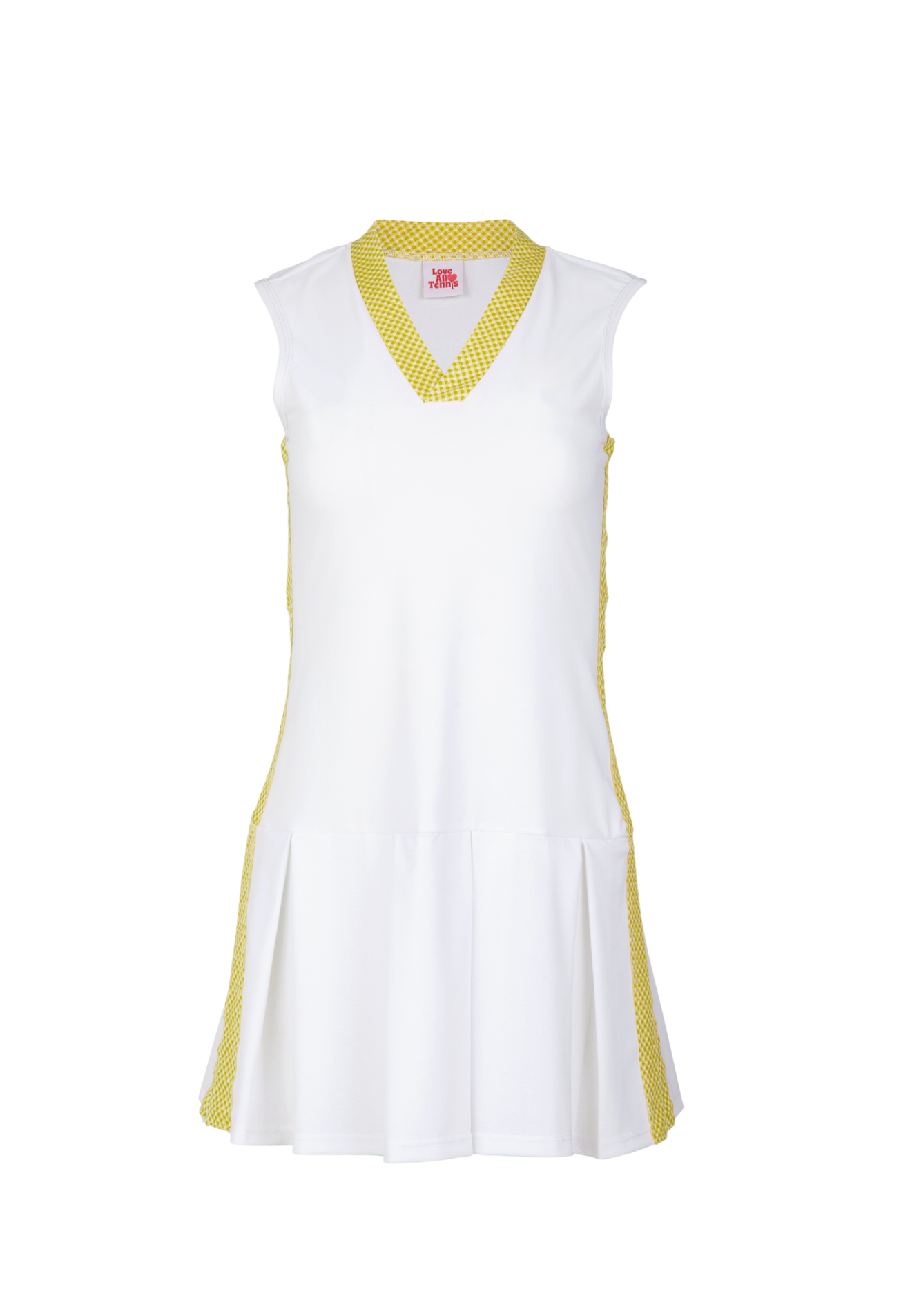 White dress with yellow accents on a white background