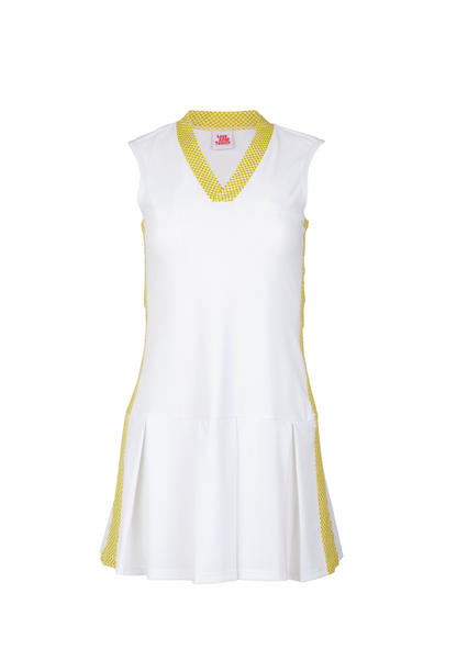 White dress with yellow accents on a white background