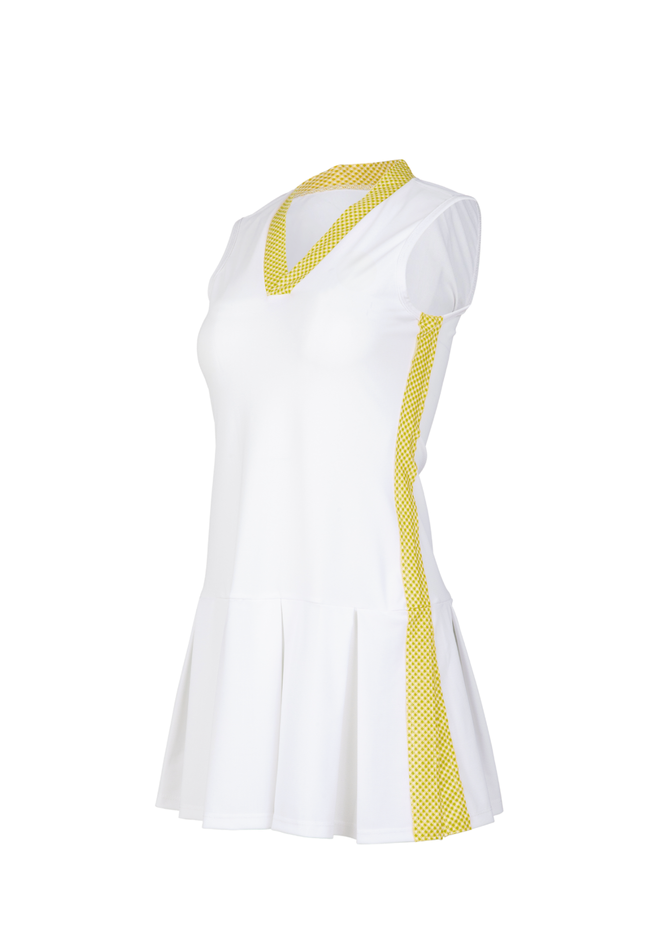 White dress with yellow accents on a white background