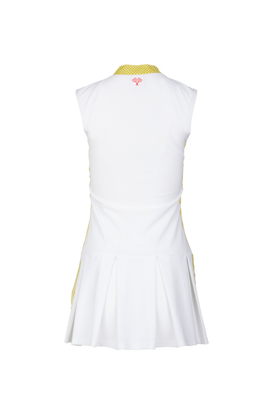 White dress with yellow accents on a white background