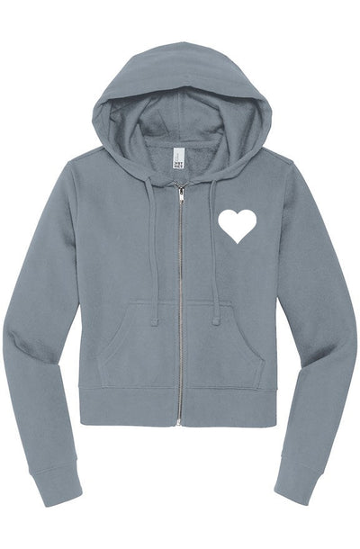 Gray hoodie with a white heart design on a white background