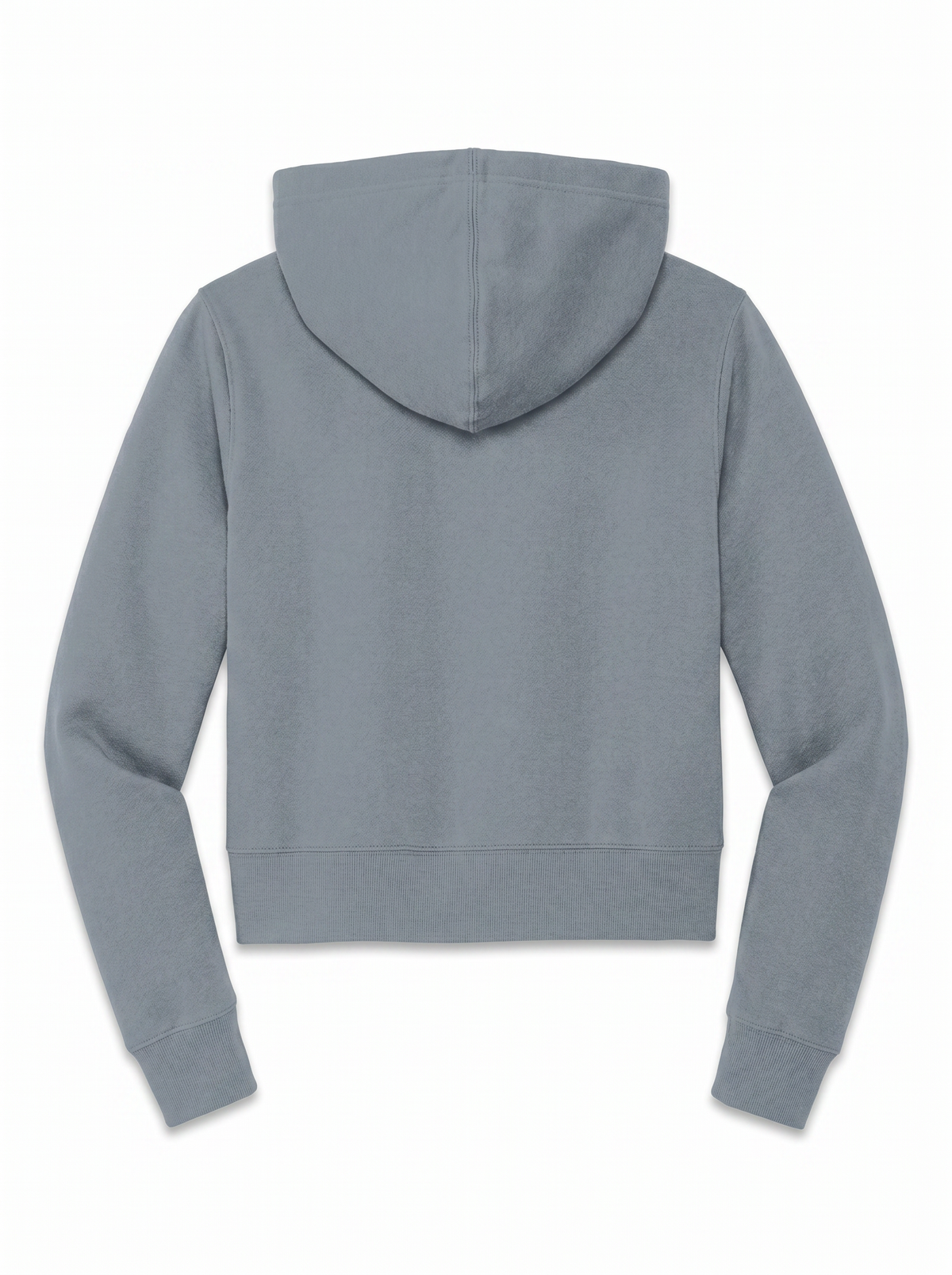 A light gray cropped hoodie shown from the back, featuring a simple hood and ribbed cuffs and hem, on a solid white background.