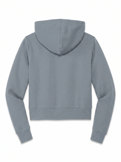 A light gray cropped hoodie shown from the back, featuring a simple hood and ribbed cuffs and hem, on a solid white background.