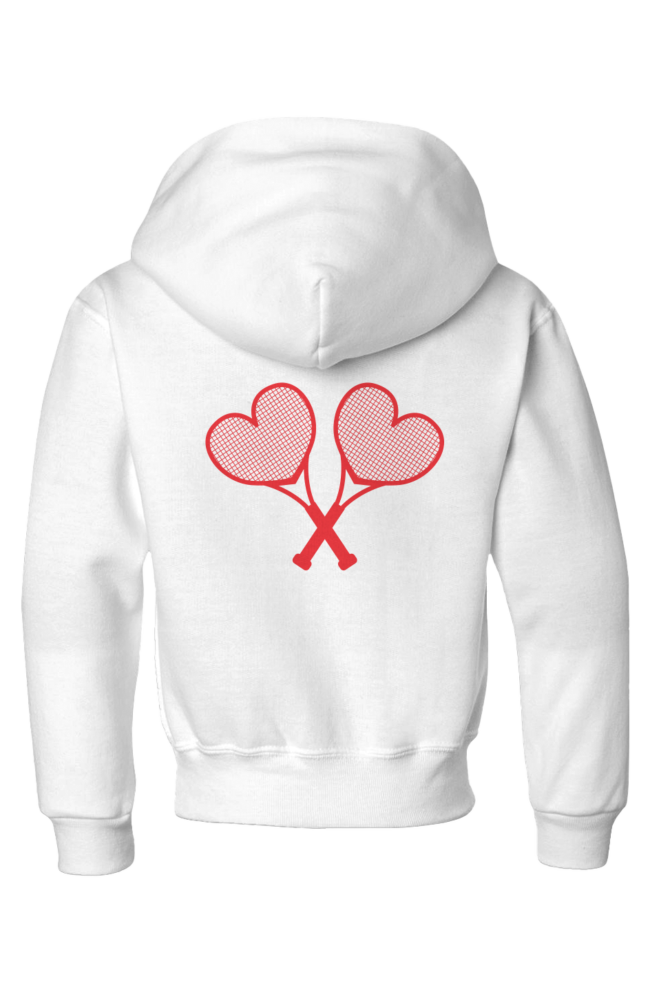 White kids hoodie with red heart-shaped badminton rackets on the back against a white background