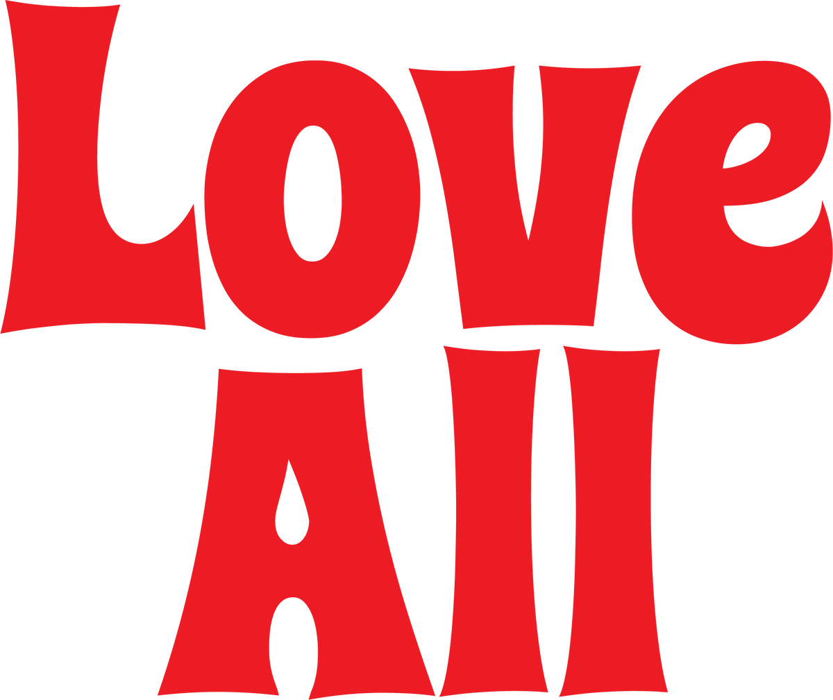 Red text 'LOVE ALL' on a white background