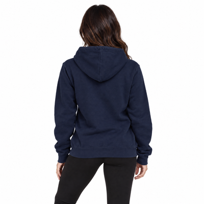 A woman viewed from the back wearing a navy blue pullover hoodie and black leggings against a plain white background.