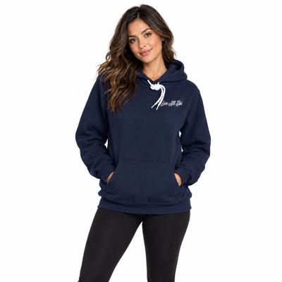 A woman modeling a navy blue hoodie with a white graphic print on the left chest and a white drawstring, paired with black leggings, against a plain white background.