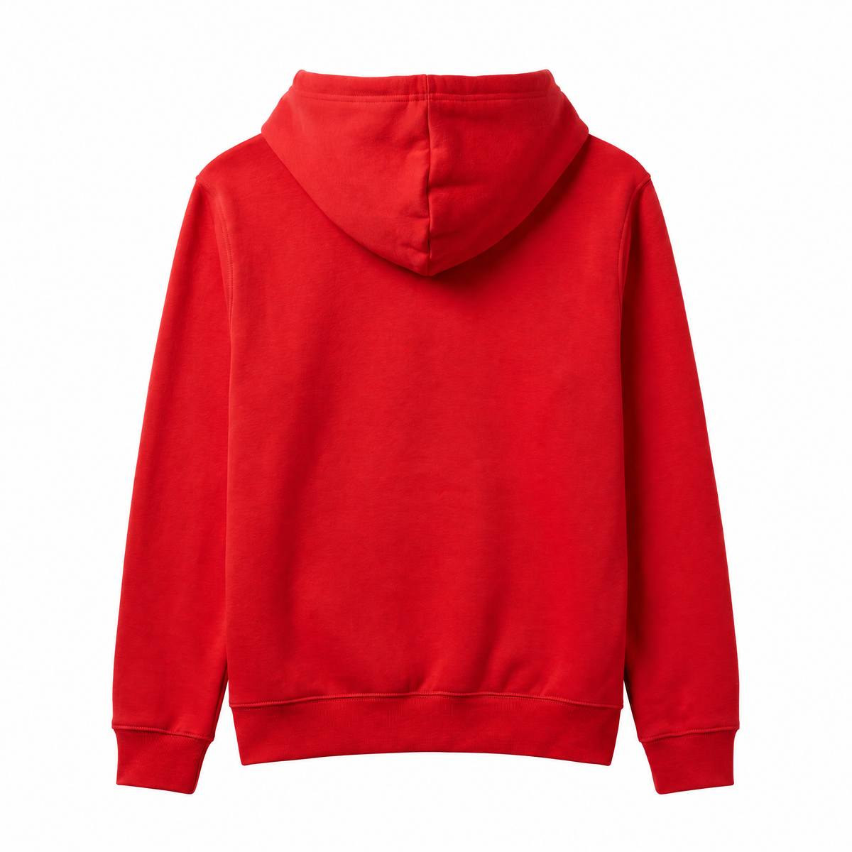 A bright red hooded sweatshirt shown from the back, photographed flat against a solid white background.