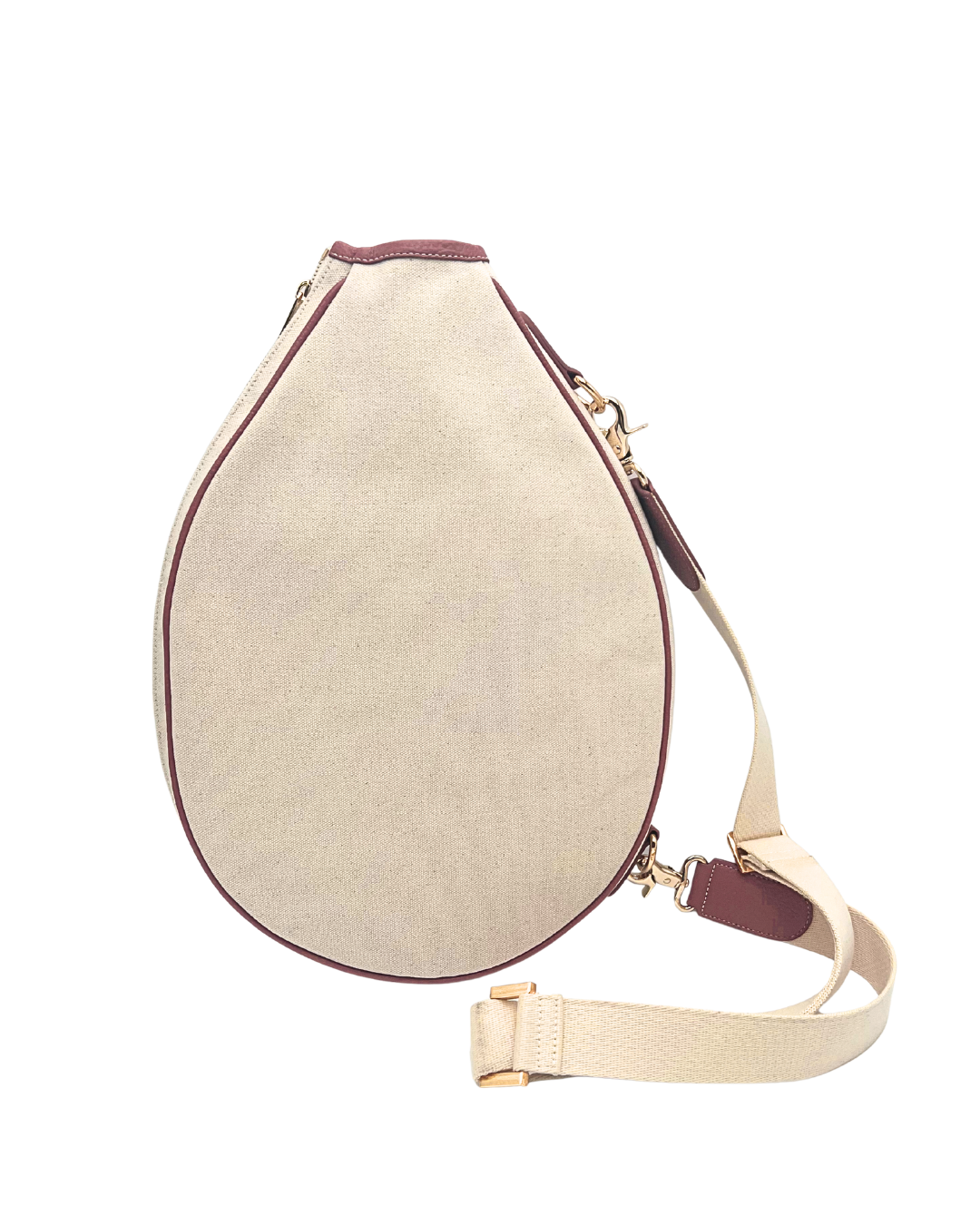 A teardrop-shaped canvas shoulder bag in beige with burgundy trim and a matching beige adjustable shoulder strap, shown on a plain white background.