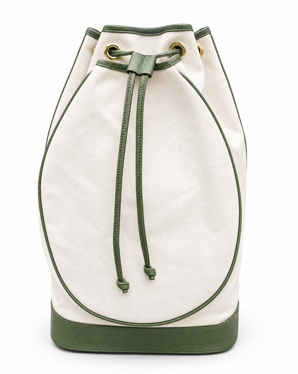 An off-white canvas bucket bag with olive green leather trim, drawstring, and base, featuring gold-tone eyelets.