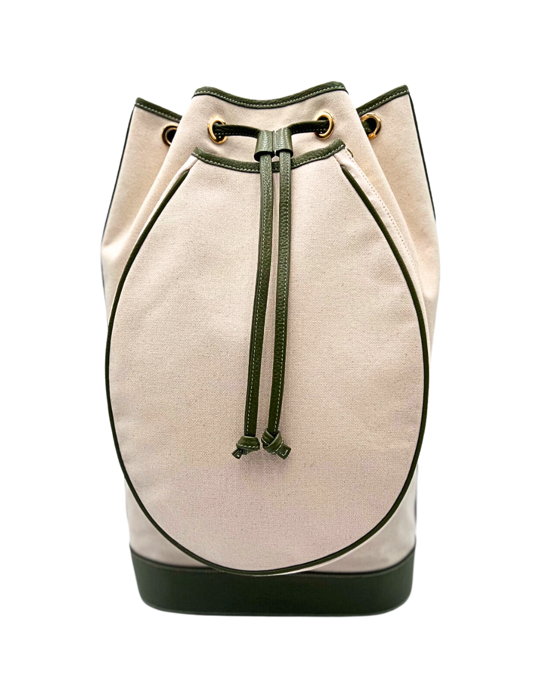 A canvas bucket bag in a light beige color with dark green trim, drawstring, and base, featuring gold-tone grommets on a white background.