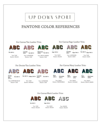 A Pantone color reference chart titled 'UP DOWN SPORT PANTONE COLOR REFERENCES' showing multiple leather trim color samples labeled with brands and shade names such as Canvas, Tan, Sage, Navy, and Black.