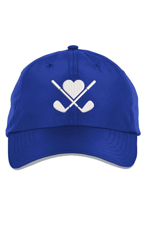 Blue Love All Golf Performance Hat with white golf logo on white background 