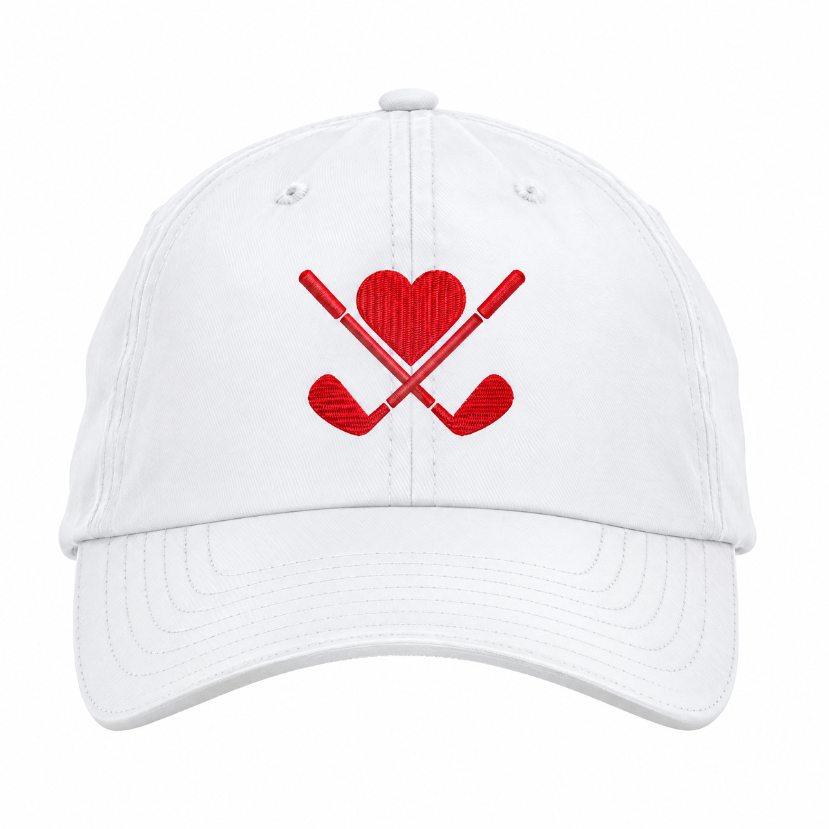 A white baseball cap featuring a red embroidered graphic of two crossed golf clubs with a red heart in the center, set against a plain white background.