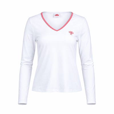 A white long-sleeve V-neck athletic top with pink trim along the neckline and logo on the left chest, displayed on a clean white background.